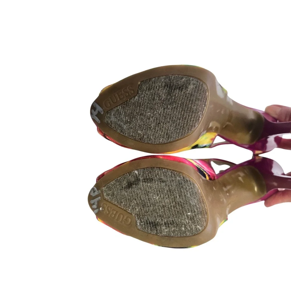 Guess GWHONDOLA Floral Peep Toe Platform Heels Pink‎ Yellow Magenta Womens 6M